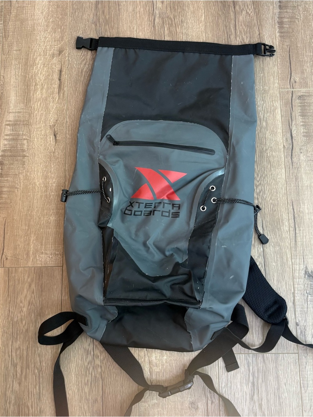 Men’s Gray & Black Waterproof Roll-Top Backpack with Red Logo